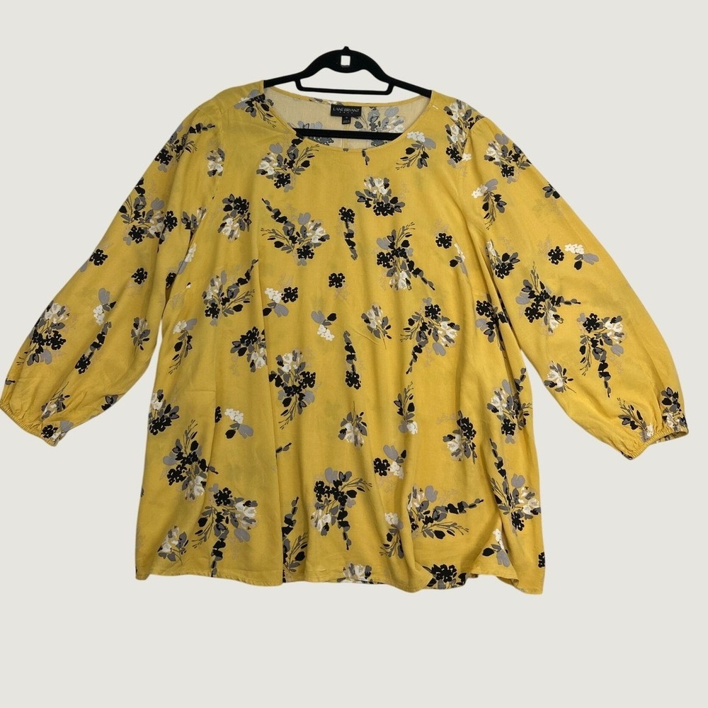 Lane Bryant Blouse Womens 18 Yellow Floral Back Tie 3/4 Sleeve Rayon Top